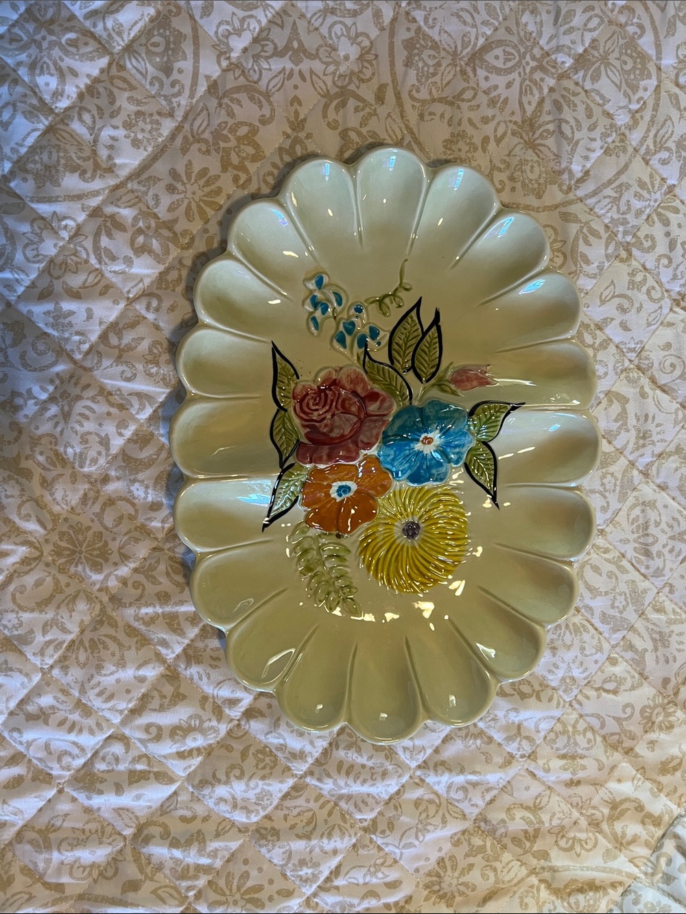 Vintage California Pottery Scalloped Ceramic Platter - Pale Yellow Glaze